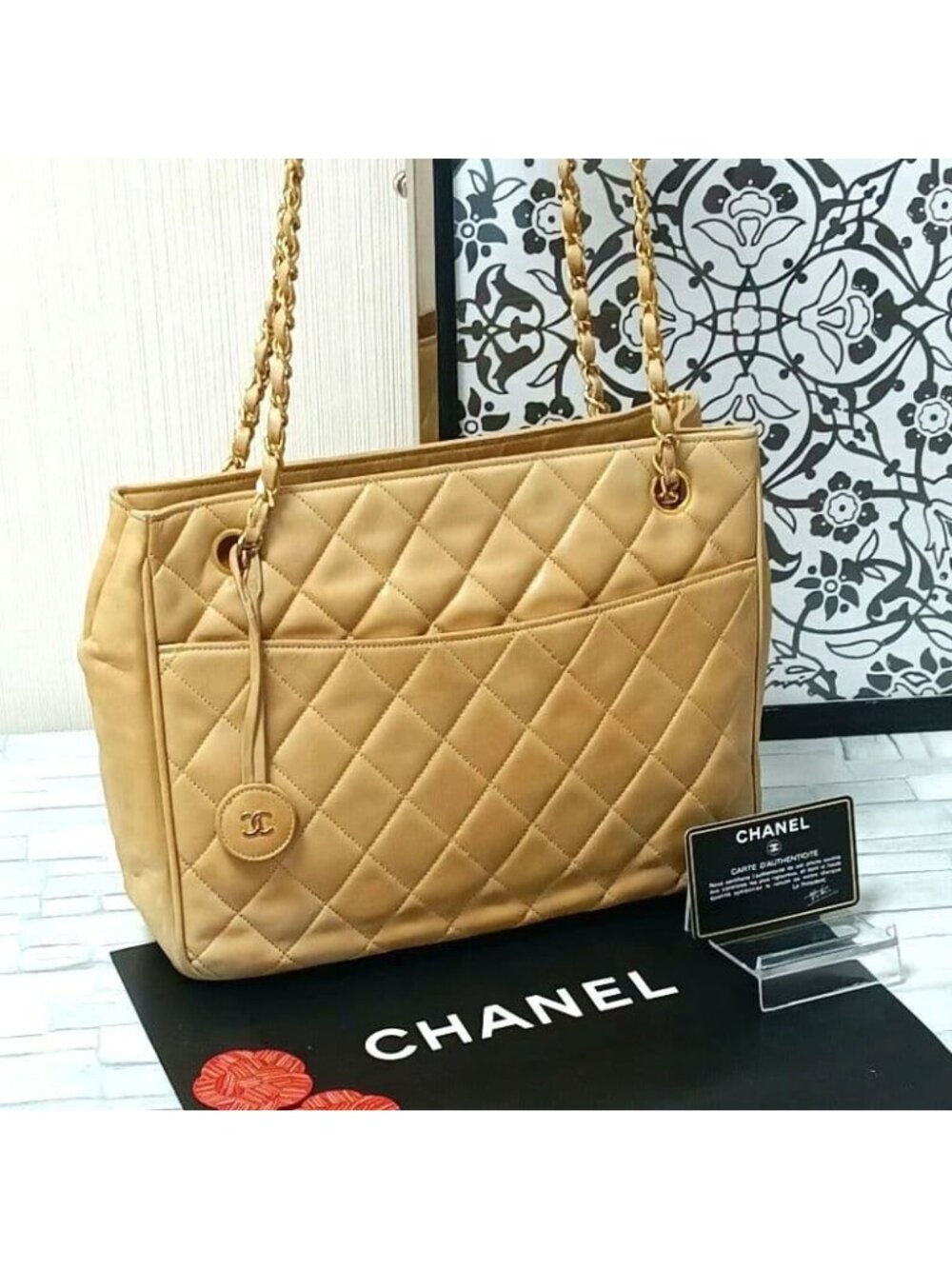 Chanel Quilted Chain Shoulder Lambskin Beige CC Logo